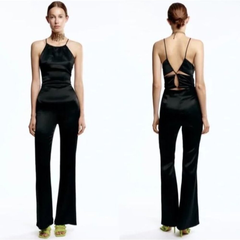 Zara Flared Satin Effect‎ Halter Jumpsuit Cross Back Straps in Black Size XS
